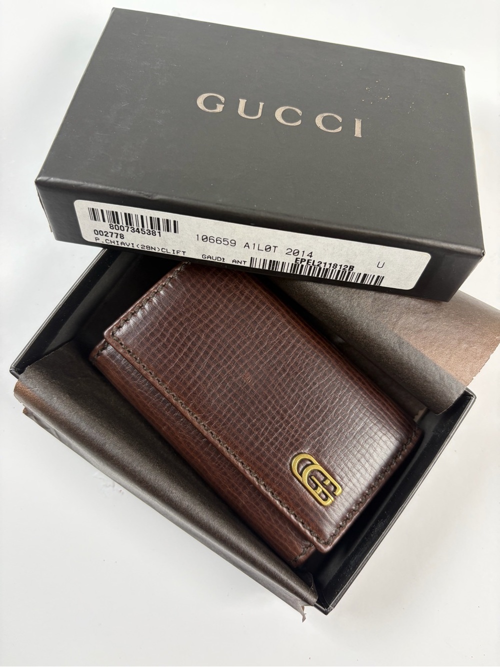 Gucci Dark Brown Textured Leather Key Holder with Gold Double G
